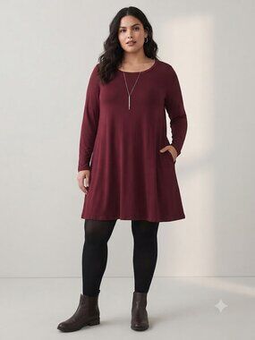 Himone Burgundy Long Sleeve Swing Tunic Dress with Pockets Plus 2XL